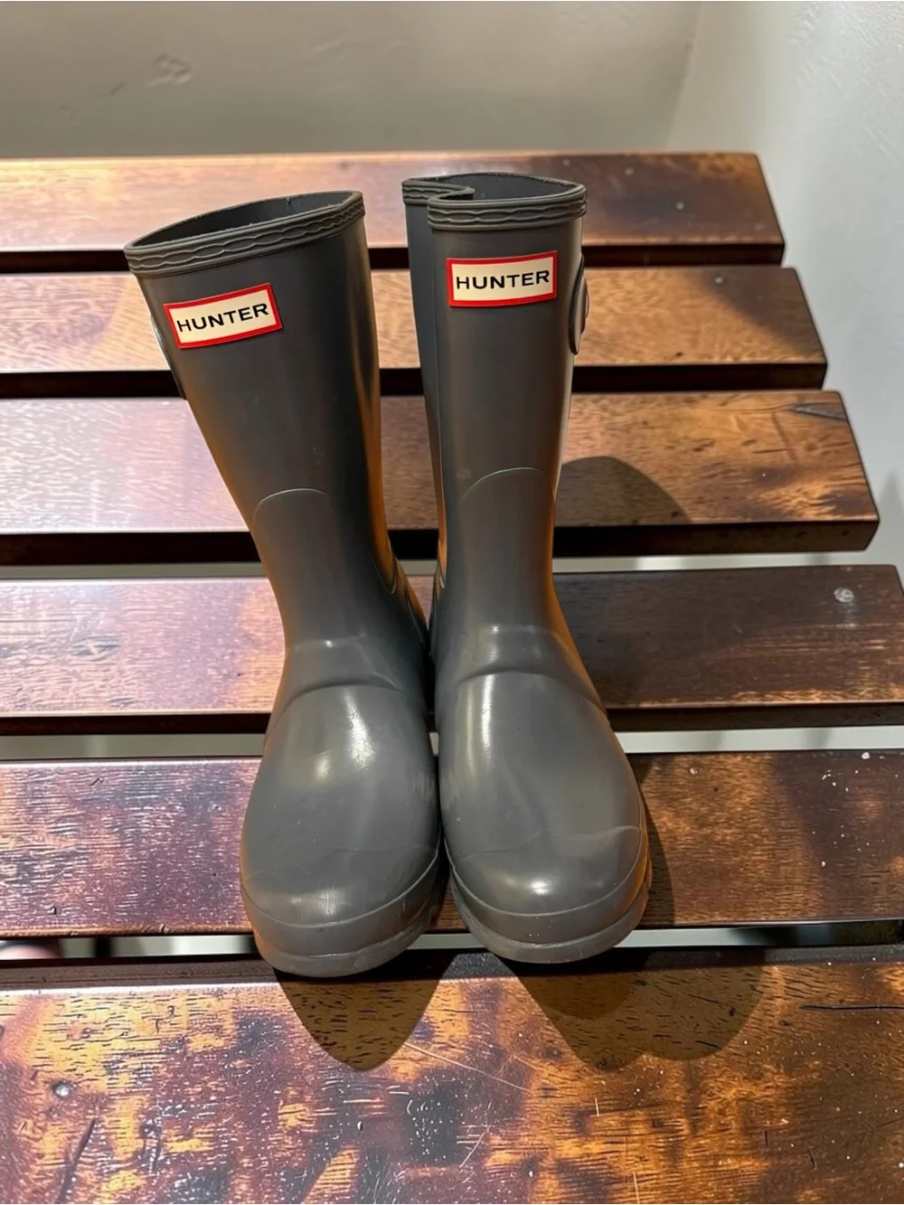 Hunter Gray Mid-Calf Rubber Rain Boots with Side Buckle